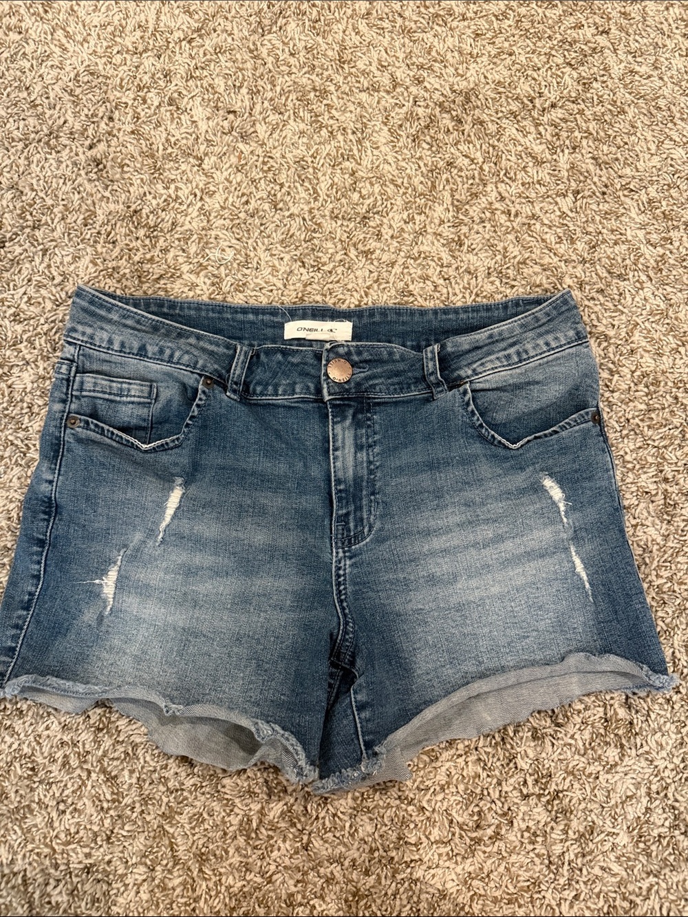 O'Neill Women's Distressed Medium Blue Denim Cutoff Shorts